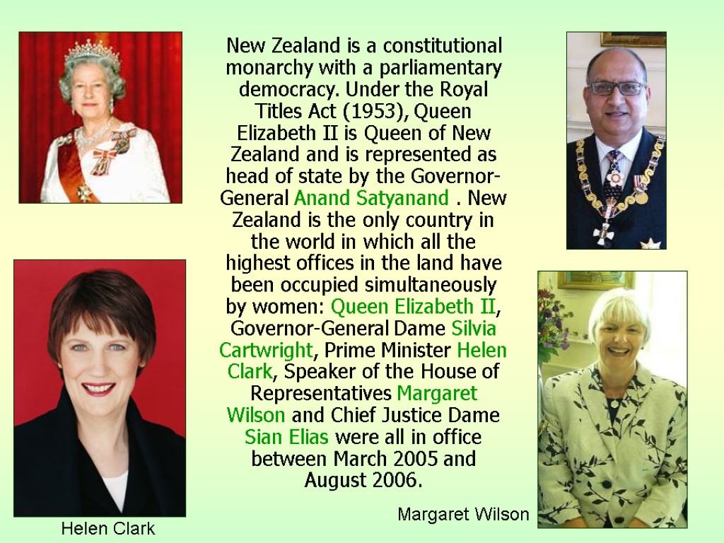New Zealand is a constitutional monarchy with a parliamentary democracy. Under the Royal Titles